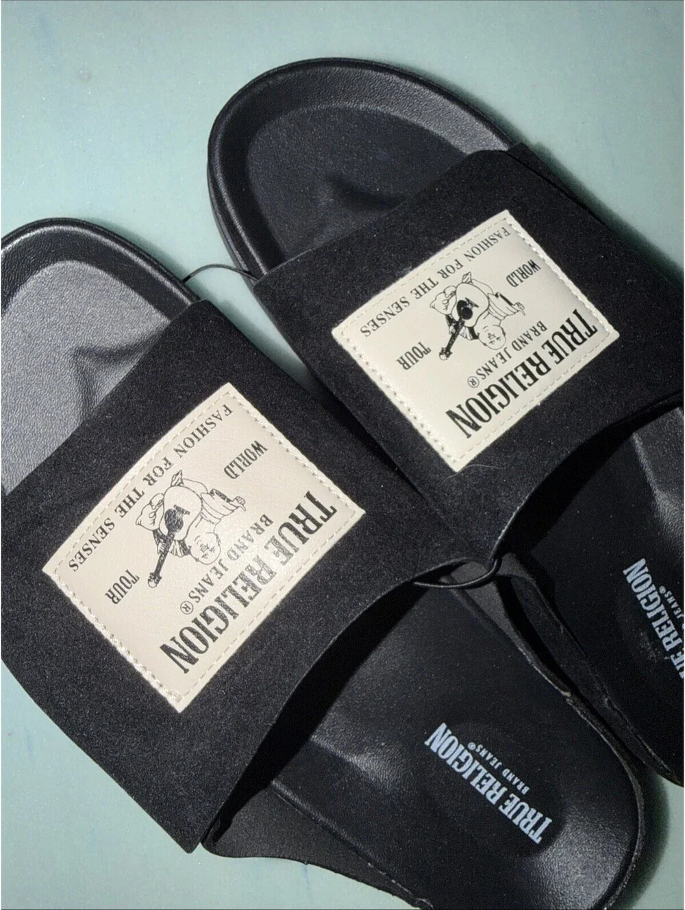 True Religion Biggy Slide Sandals Black Hook Loop Strap Men’s Size 10 NWOB